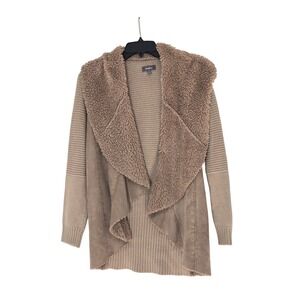 Neiman Marcus Faux Fur Suede Knit Open Front Cardigan Tan Beige Medium